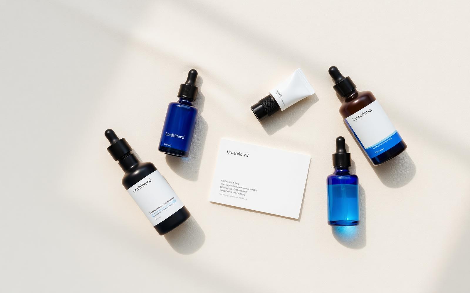 Minimal unbranded skincare bottles in soft morning light on neutral linen