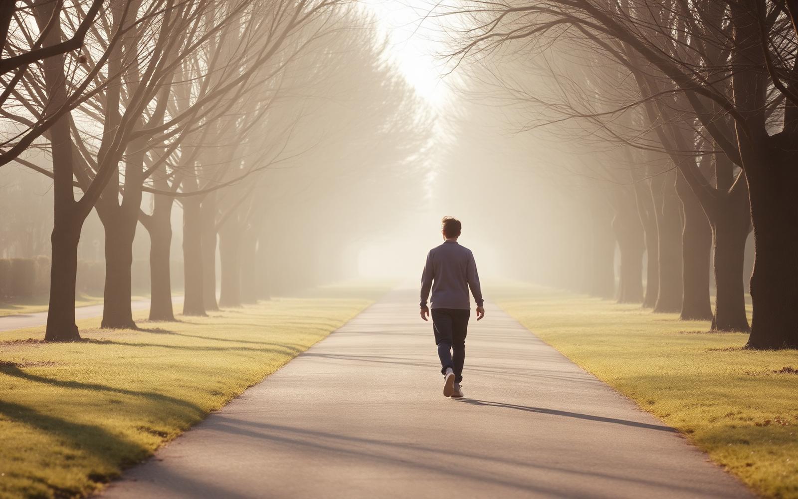 Person walking on a quiet tree lined path in soft morning light
