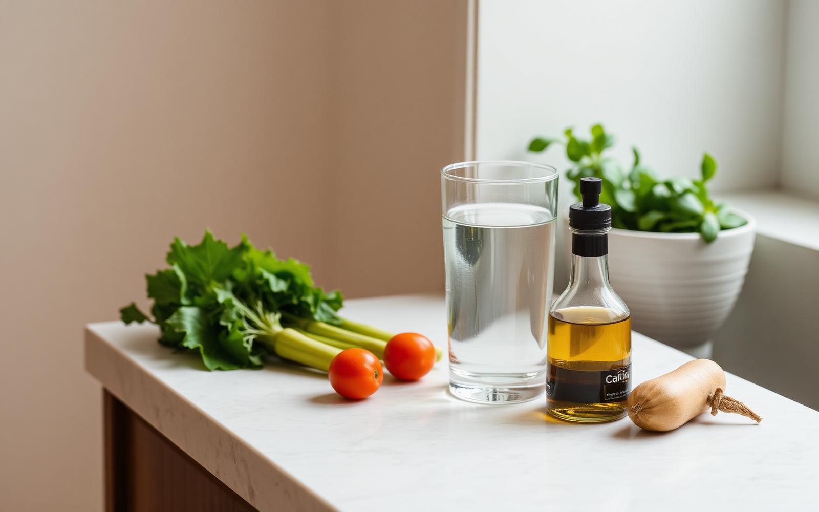 Glass of water beside fresh vegetables and olive oil on a pale stone counter
